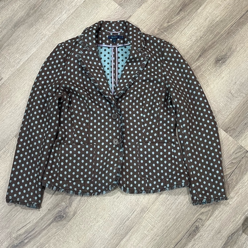 Boden Size 14 Wool Blend Polka Dot Fringe Seam Unlined Unstructured Soft Blazer - Picture 2 of 14